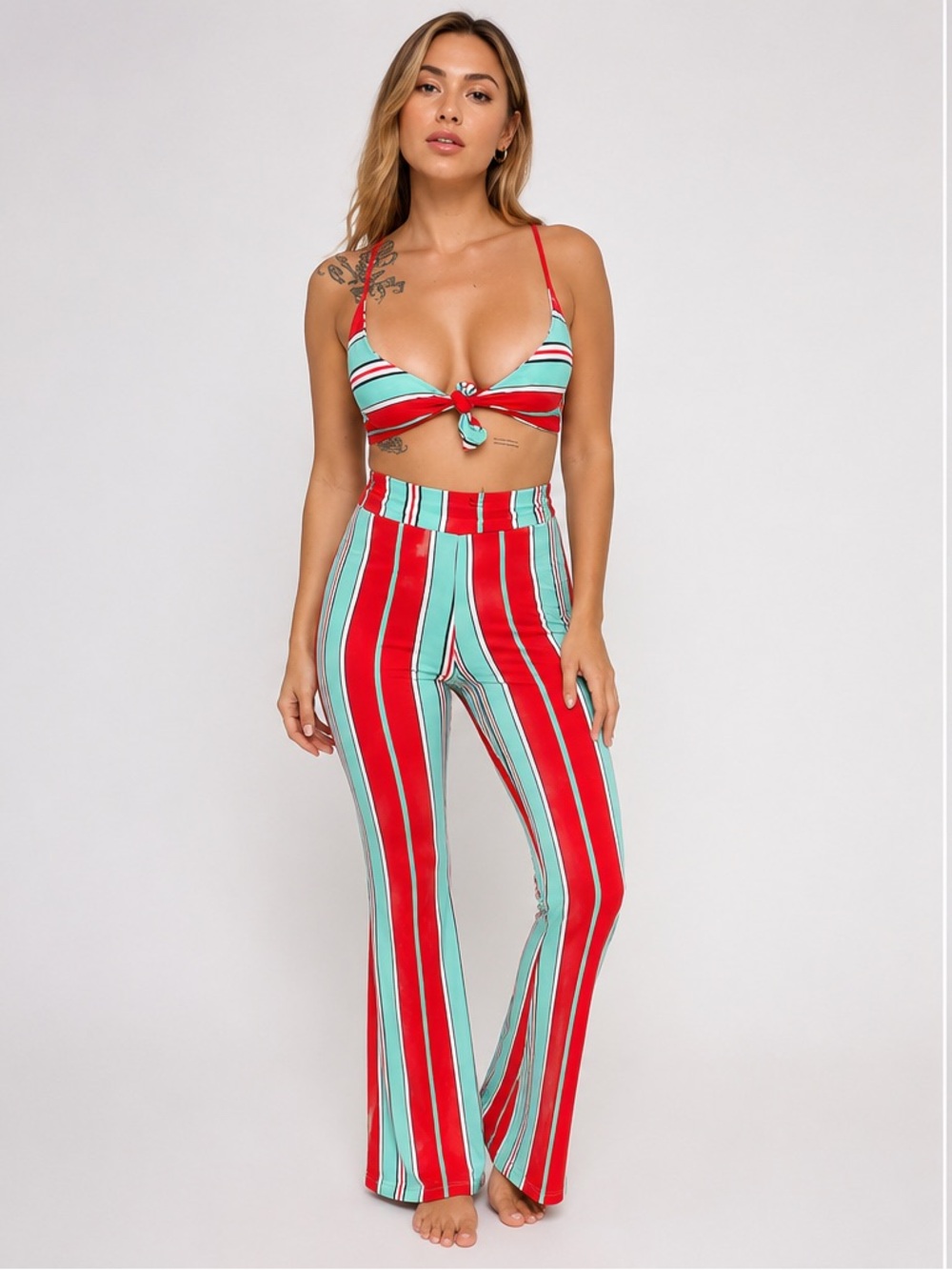 SET NWT ⭐️ Striped High-Waist Flare Pants in Red & Mint - Women's